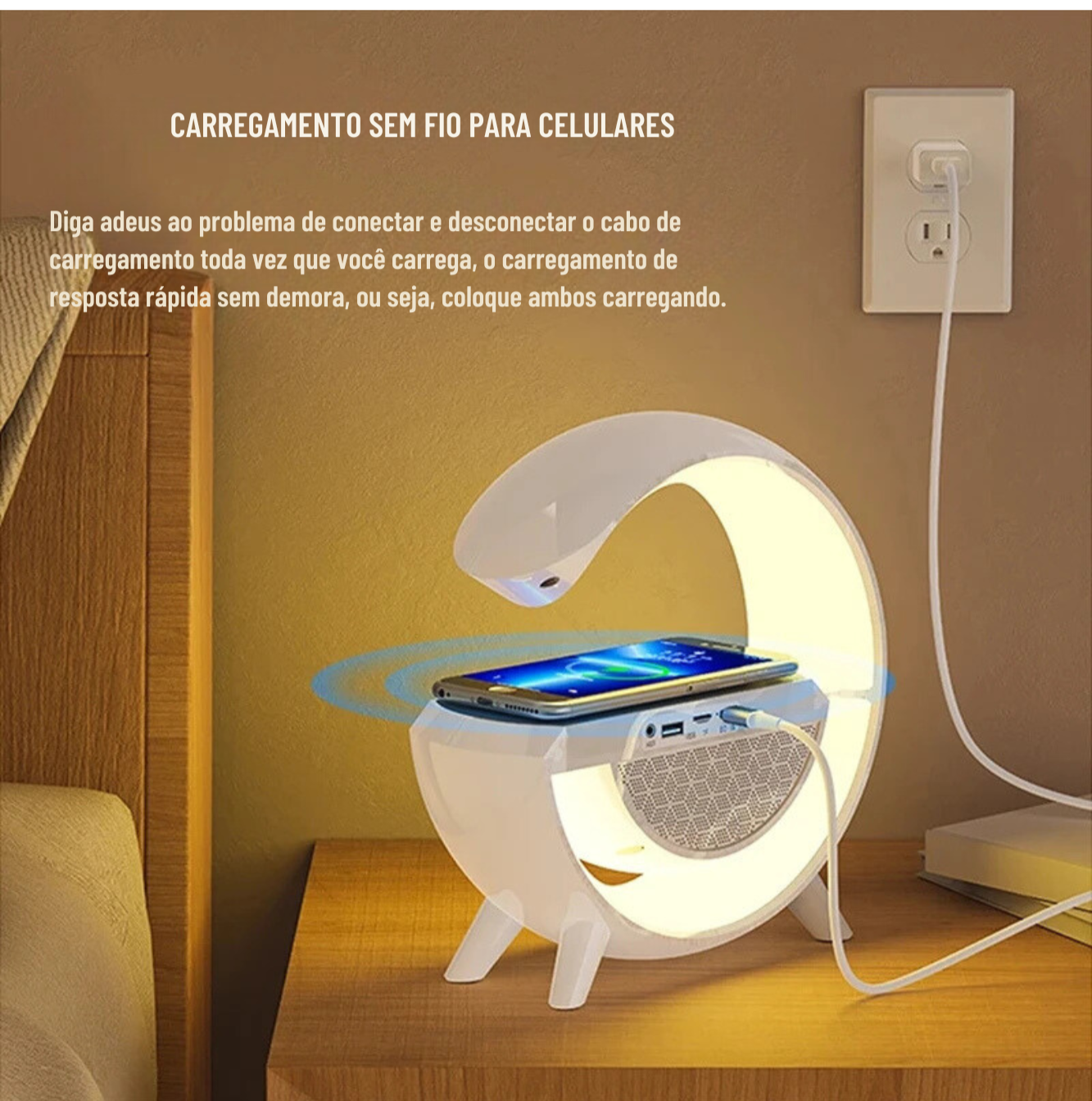 Essencial Smart Station - Luminária 4 em 1 com Bluetooth, Carregador Sem Fio e Relógio Despertador