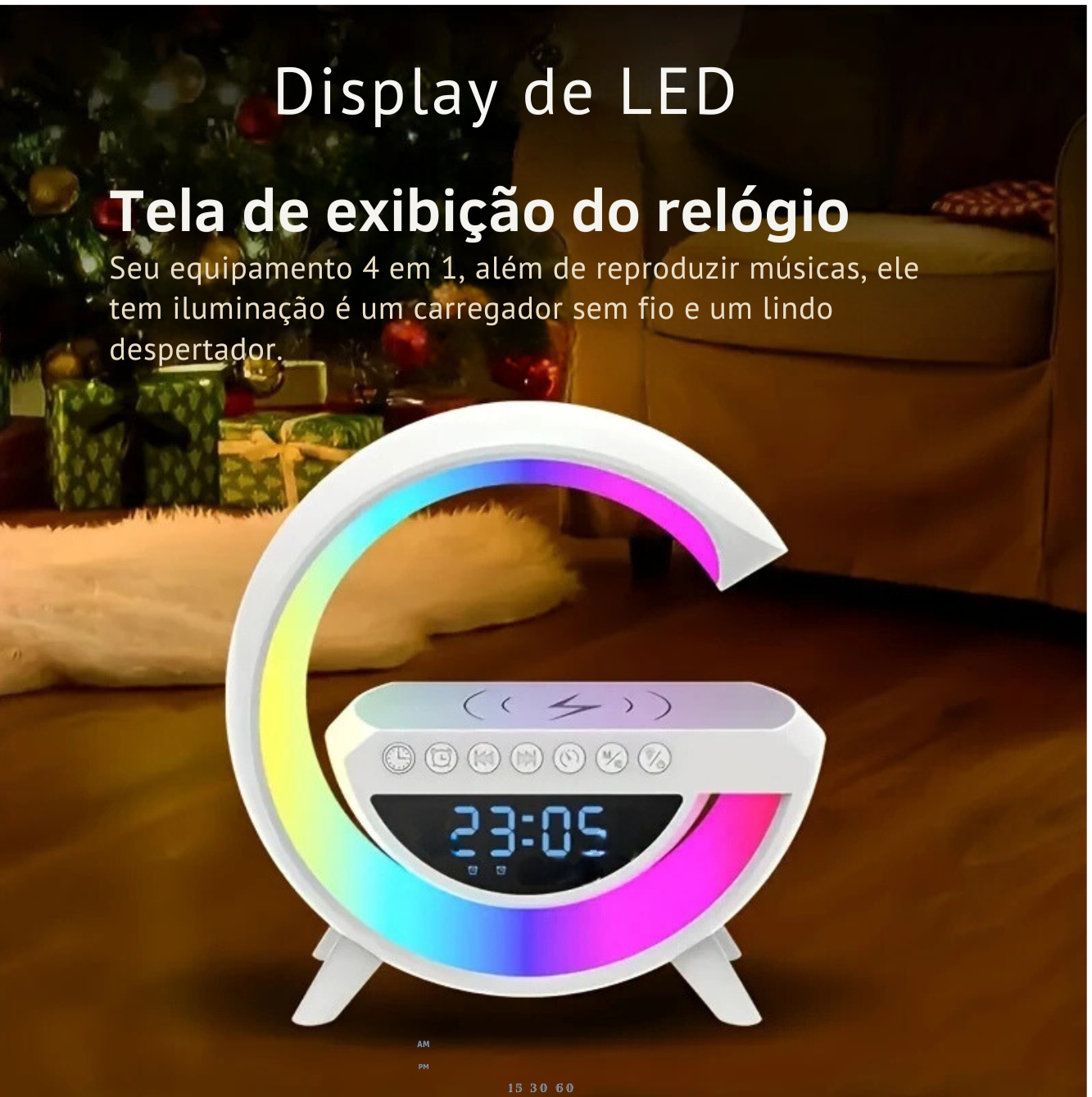 Essencial Smart Station - Luminária 4 em 1 com Bluetooth, Carregador Sem Fio e Relógio Despertador