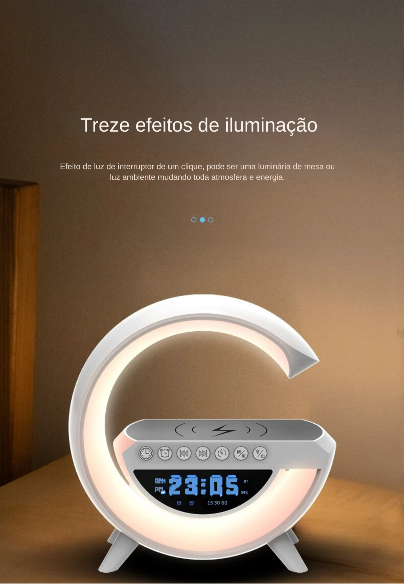 Essencial Smart Station - Luminária 4 em 1 com Bluetooth, Carregador Sem Fio e Relógio Despertador