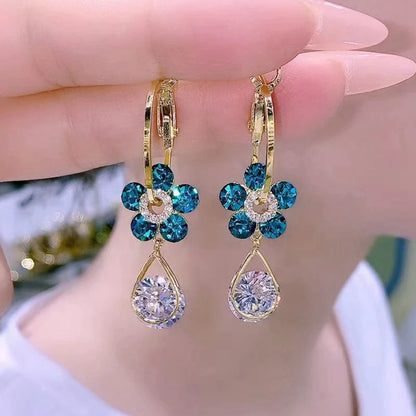 New Purple Crystal Flower Dangle Earrings For Women Girls Shining Zircon Love Heart Waterdrop Earring Wedding Luxury Jewelry