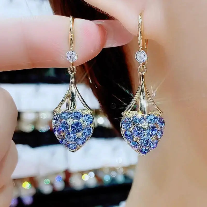 New Purple Crystal Flower Dangle Earrings For Women Girls Shining Zircon Love Heart Waterdrop Earring Wedding Luxury Jewelry