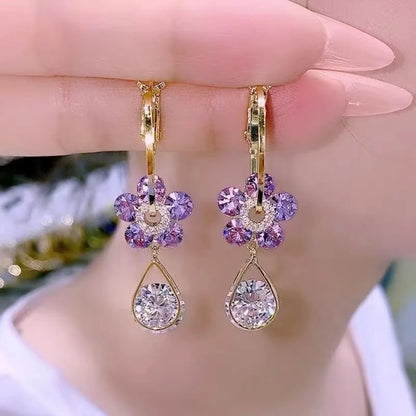 New Purple Crystal Flower Dangle Earrings For Women Girls Shining Zircon Love Heart Waterdrop Earring Wedding Luxury Jewelry